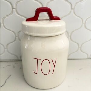 Rae Dunn Joy Holiday Ceramic Jar with Red Lid